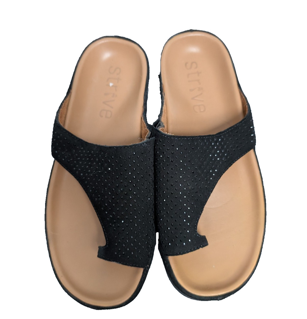 Strive Belize Sandals Womens 7.5 Comfort Rhinestone Support Black Coastal Resort